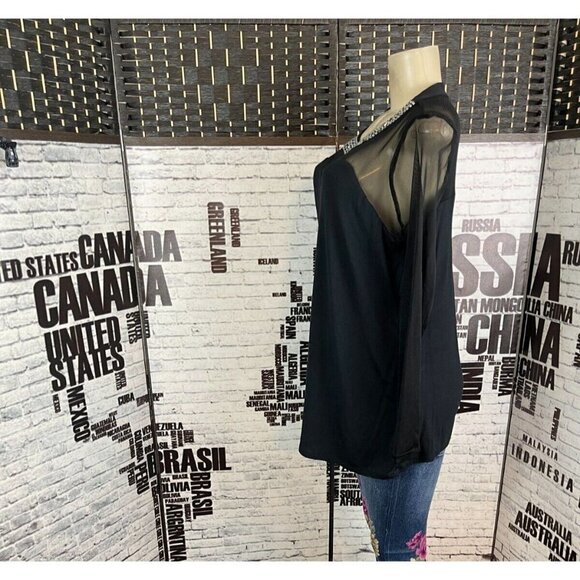 Roaman's 12 Black Sheer Mesh Studded Jewel Neckline Sheer Long Sleeve Blouse - Picture 3 of 6